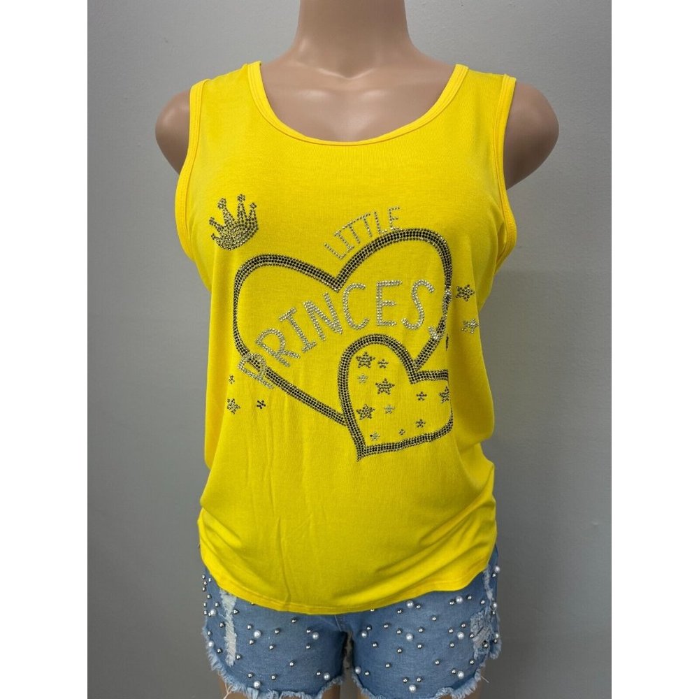 WOMEN Tank Top Shirt Sleeveless Yoga Top Rhinestone Yellow Size L/XL